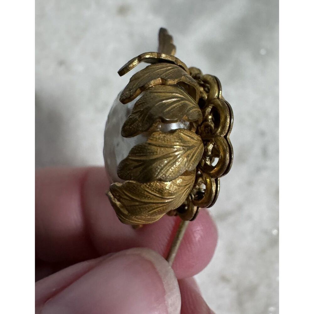 Vintage Miriam Haskell Signed Gold Tone Glass Pearl Sunflower Hat Stick Pin - Picture 6 of 7